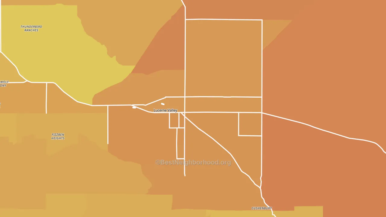 Map of the best neighborhoods in the Lucerne Valley area, with better matches in green and worse matches in red