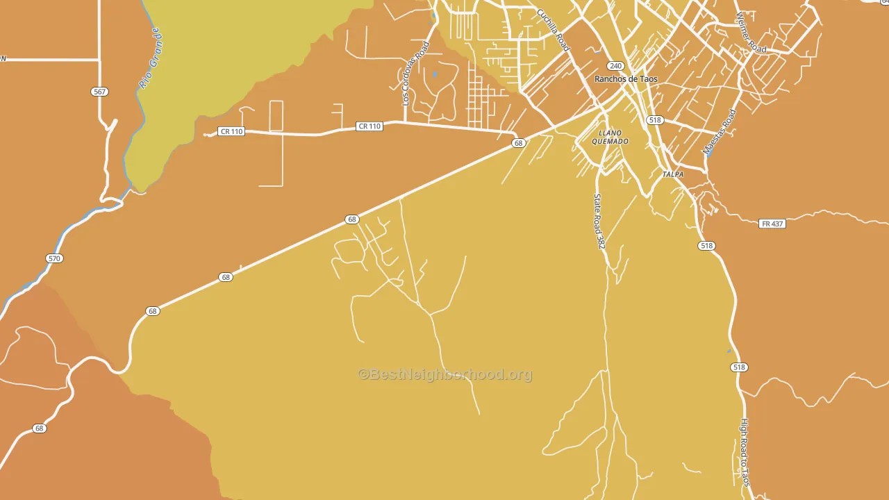 Map of the best neighborhoods in the Lucero area, with better matches in green and worse matches in red