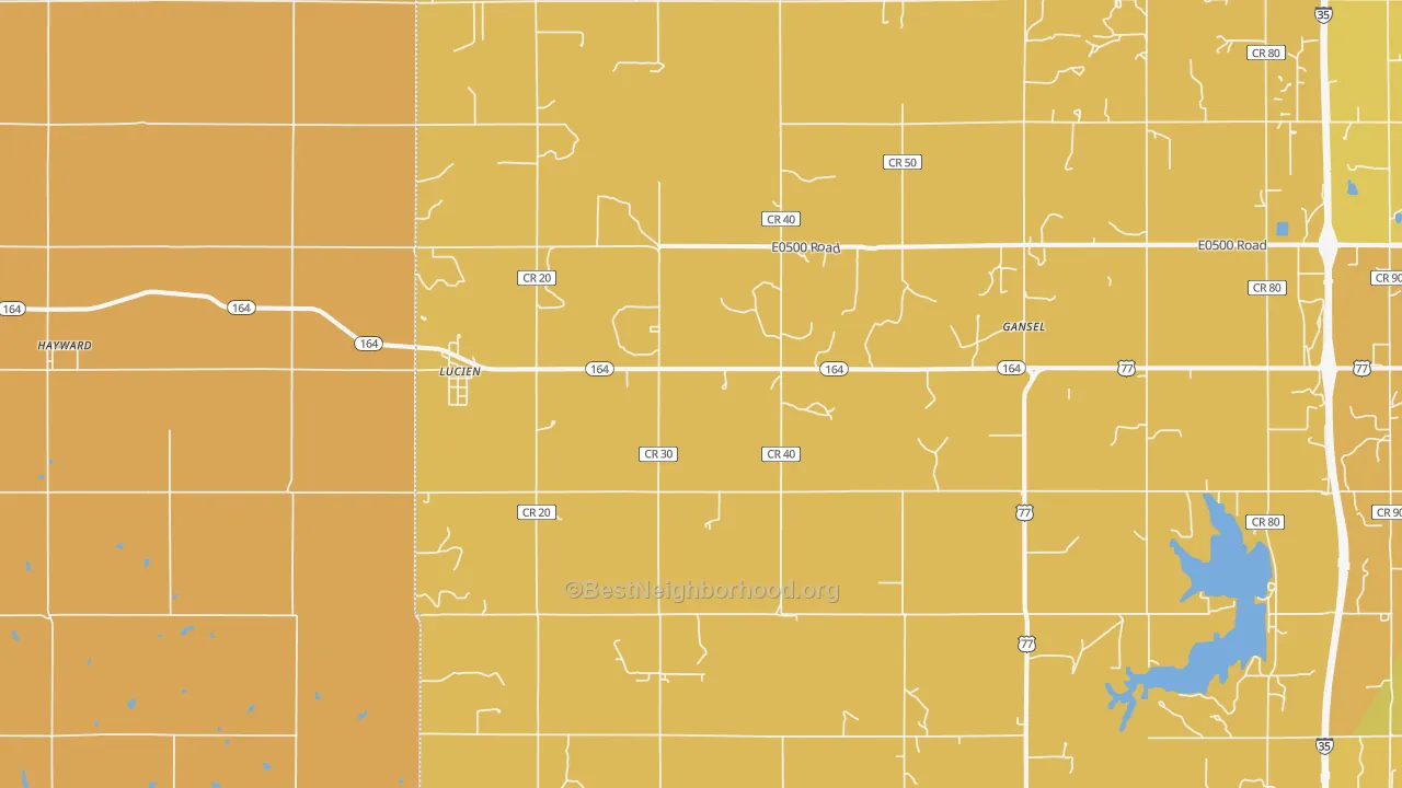 Map of the best neighborhoods in the Lucien area, with better matches in green and worse matches in red