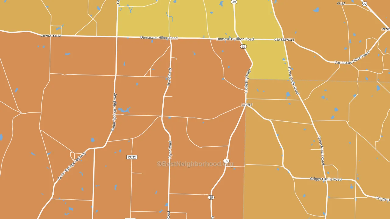Map of the best neighborhoods in the Lucile area, with better matches in green and worse matches in red