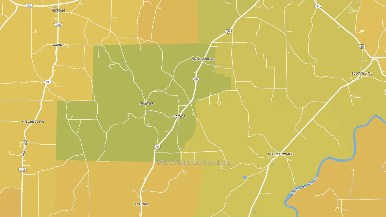 Map of the best neighborhoods in the Lucinda area, with better matches in green and worse matches in red