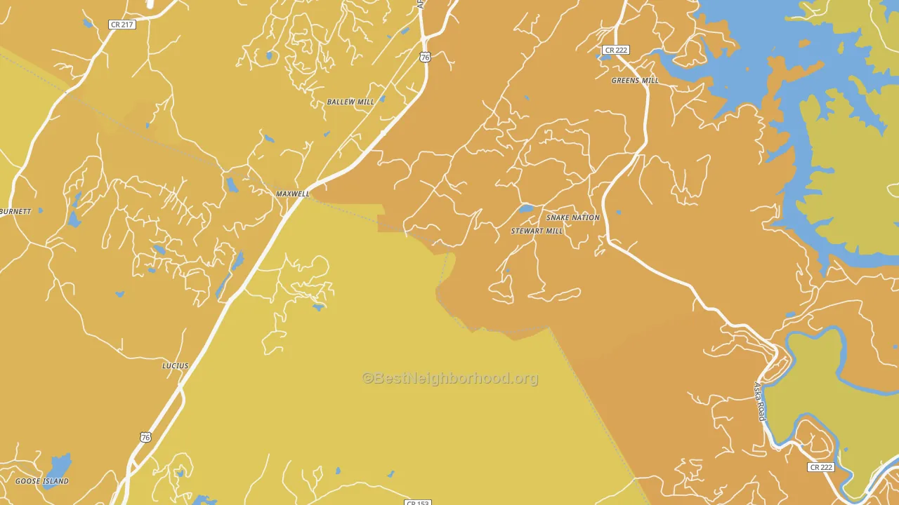 Map of the best neighborhoods in the Lucius area, with better matches in green and worse matches in red