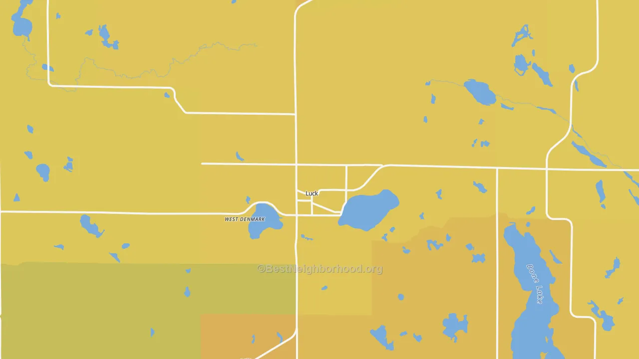 Map of the best neighborhoods in the Luck area, with better matches in green and worse matches in red