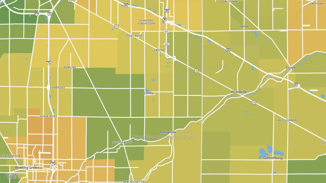 Map of the best neighborhoods in the Luckey area, with better matches in green and worse matches in red