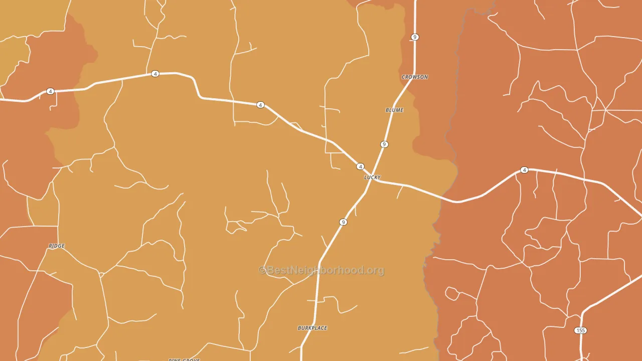 Map of the best neighborhoods in the Lucky area, with better matches in green and worse matches in red