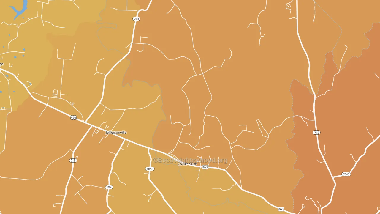 Map of the best neighborhoods in the Lucky Stop area, with better matches in green and worse matches in red