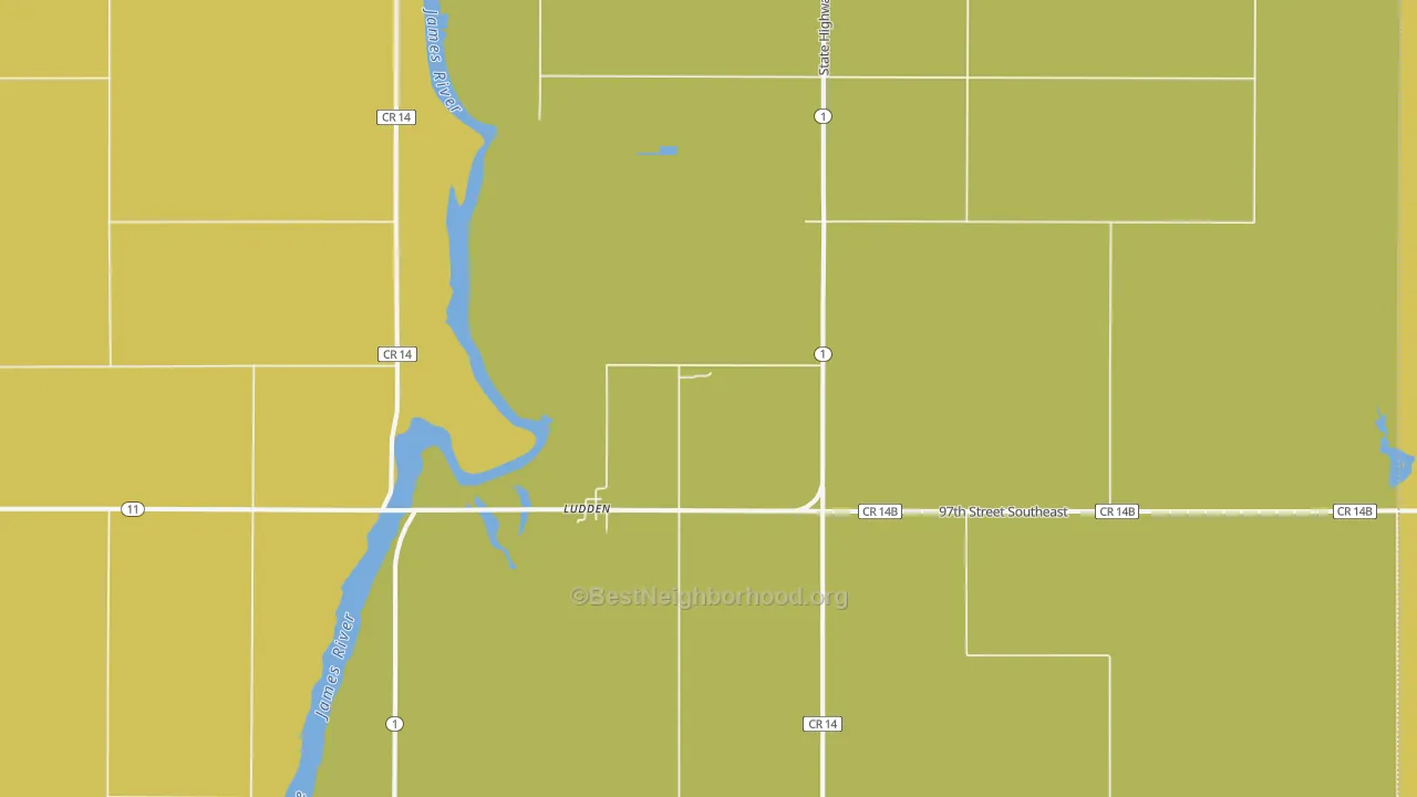 Map of the best neighborhoods in the Ludden area, with better matches in green and worse matches in red