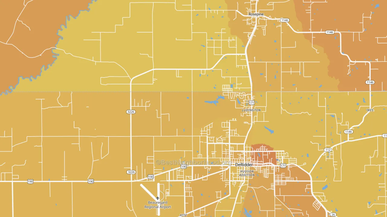 Map of the best neighborhoods in the Ludington area, with better matches in green and worse matches in red