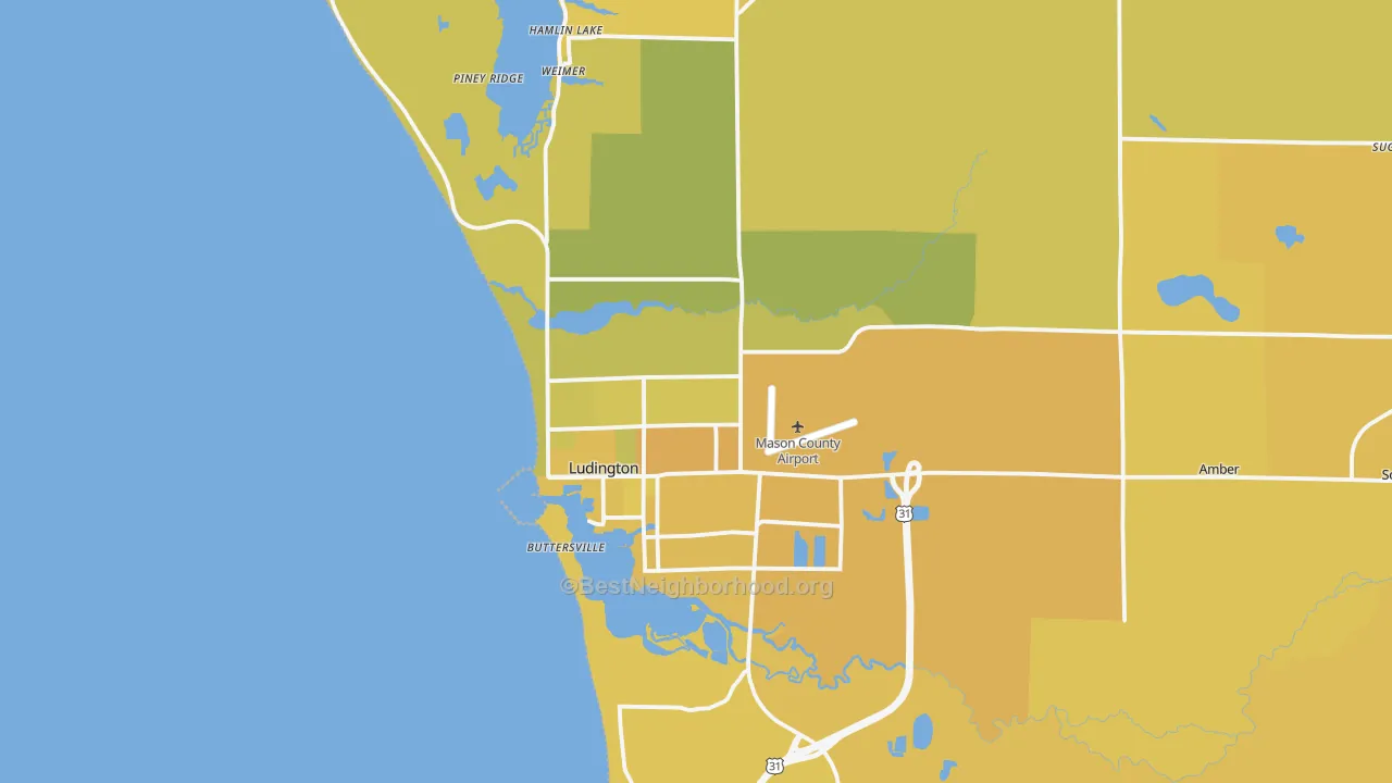 Map of the best neighborhoods in the Ludington area, with better matches in green and worse matches in red