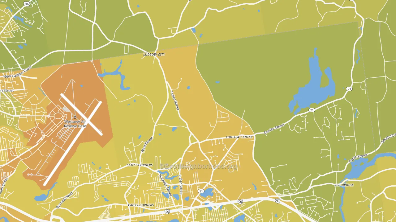 Map of the best neighborhoods in the Ludlow Center area, with better matches in green and worse matches in red