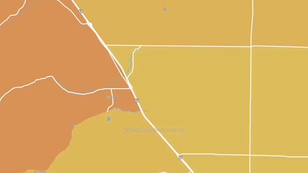 Map of the best neighborhoods in the Ludlow area, with better matches in green and worse matches in red