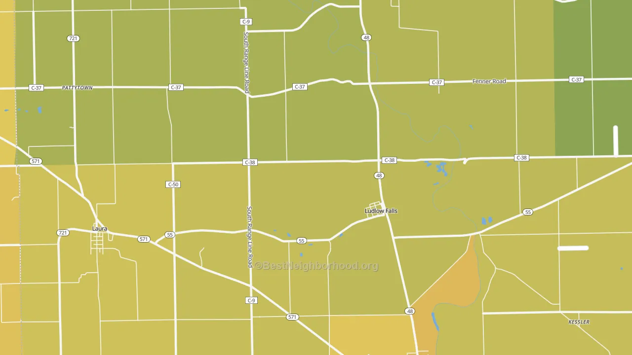 Map of the best neighborhoods in the Ludlow Falls area, with better matches in green and worse matches in red