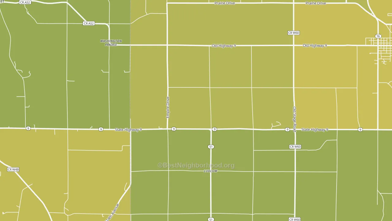 Map of the best neighborhoods in the Ludlow area, with better matches in green and worse matches in red