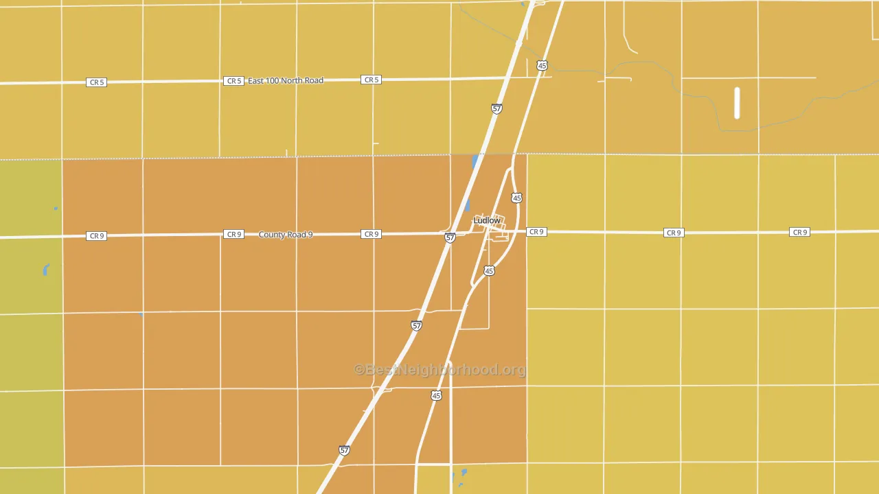Map of the best neighborhoods in the Ludlow area, with better matches in green and worse matches in red