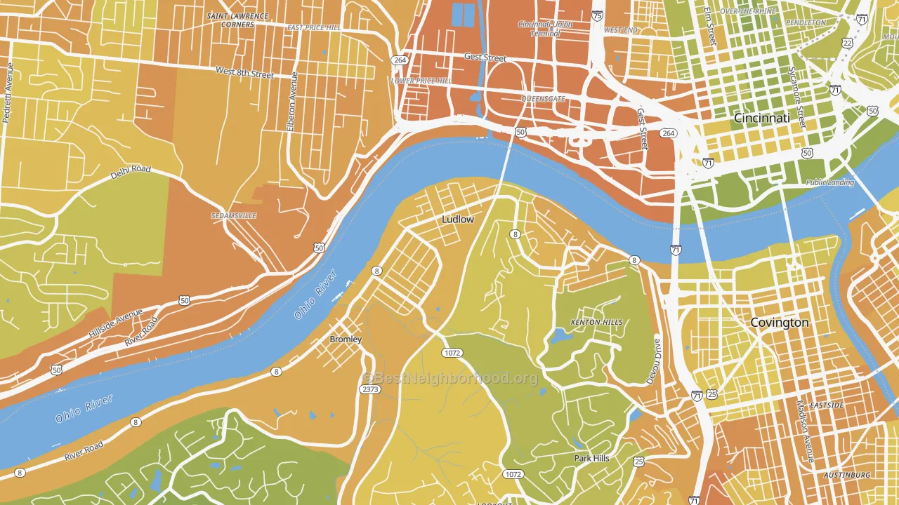 Map of the best neighborhoods in the Ludlow area, with better matches in green and worse matches in red
