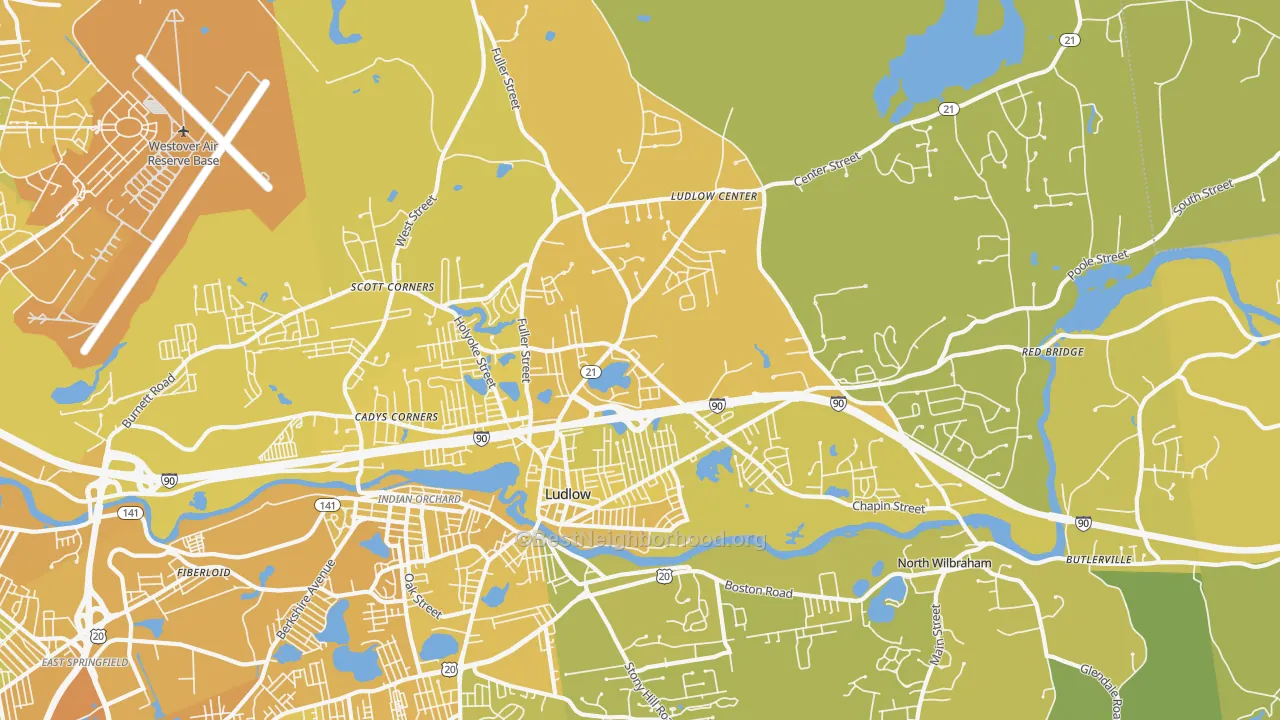 Map of the best neighborhoods in the Ludlow area, with better matches in green and worse matches in red