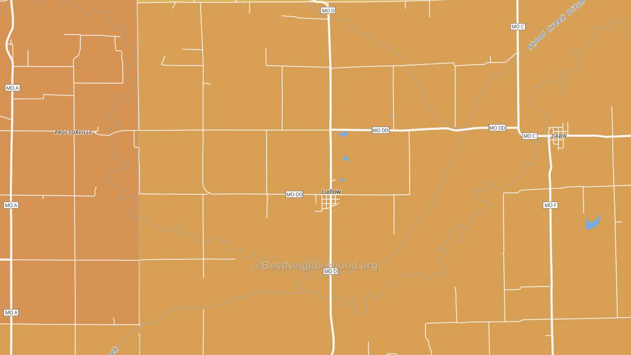 Map of the best neighborhoods in the Ludlow area, with better matches in green and worse matches in red