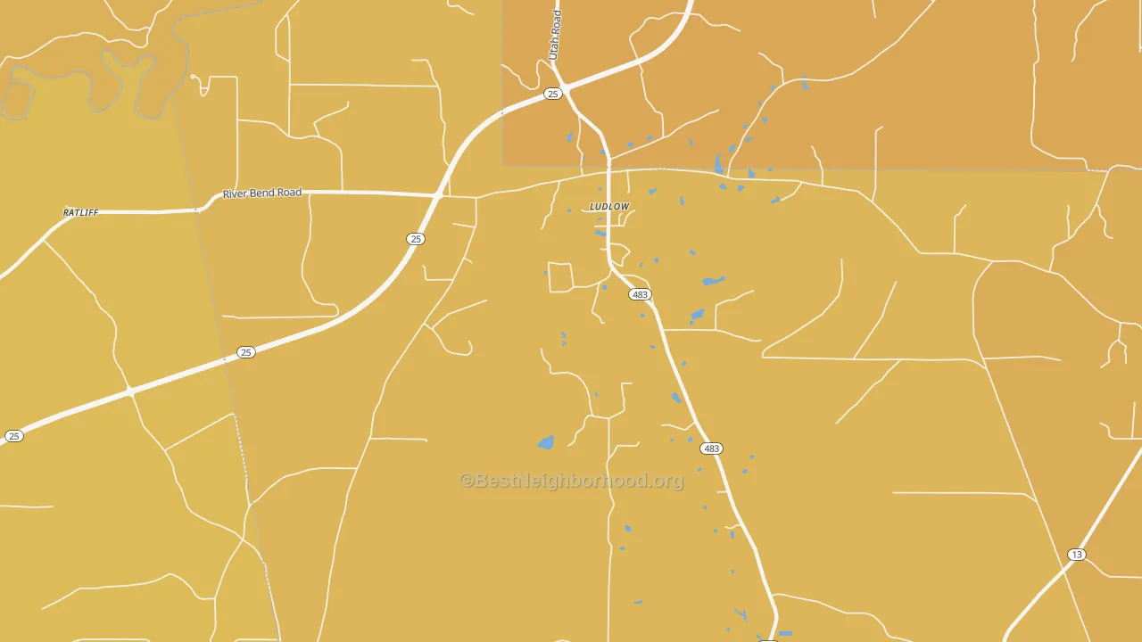 Map of the best neighborhoods in the Ludlow area, with better matches in green and worse matches in red