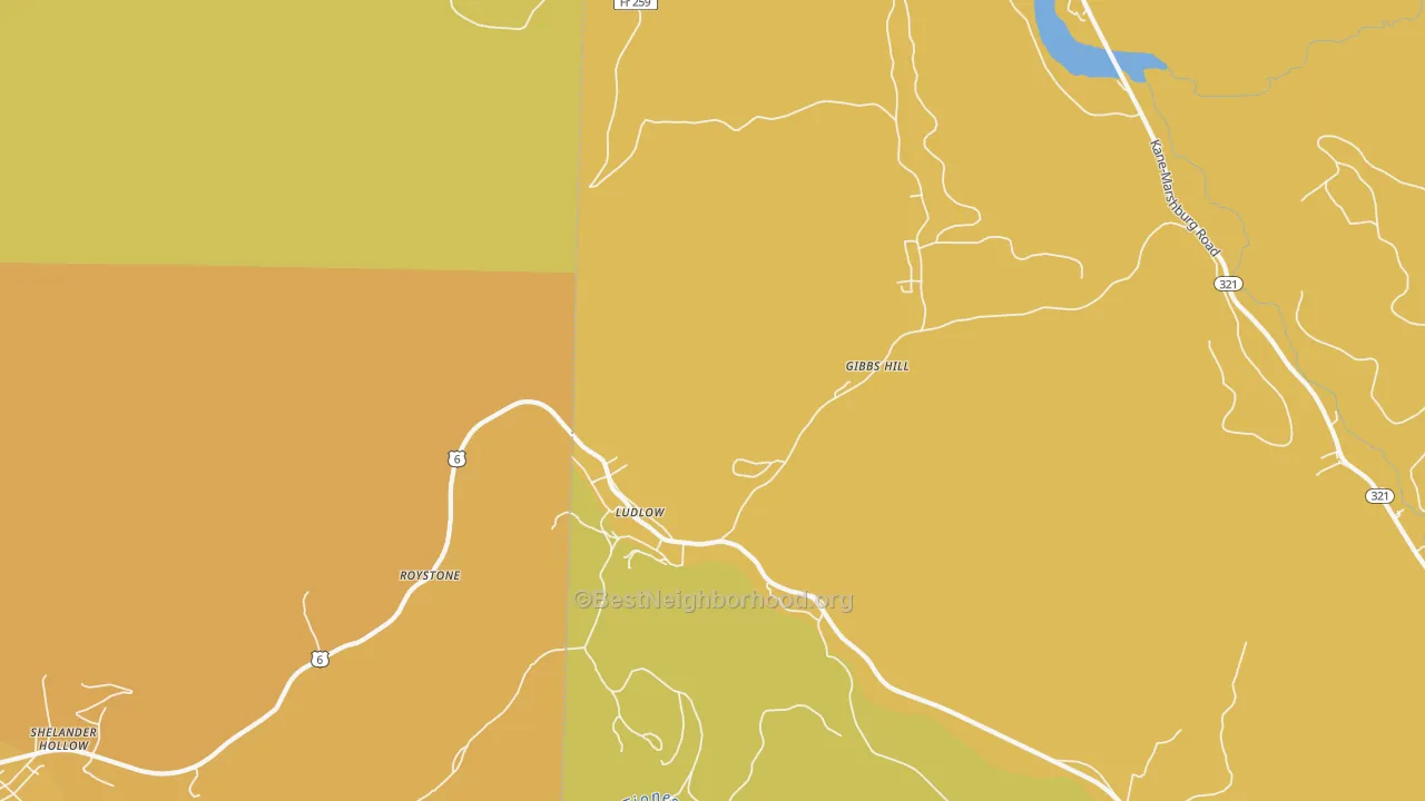 Map of the best neighborhoods in the Ludlow area, with better matches in green and worse matches in red