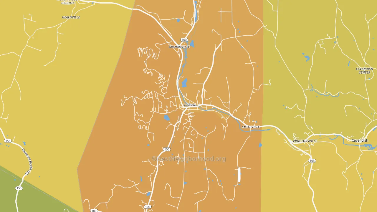 Map of the best neighborhoods in the Ludlow area, with better matches in green and worse matches in red