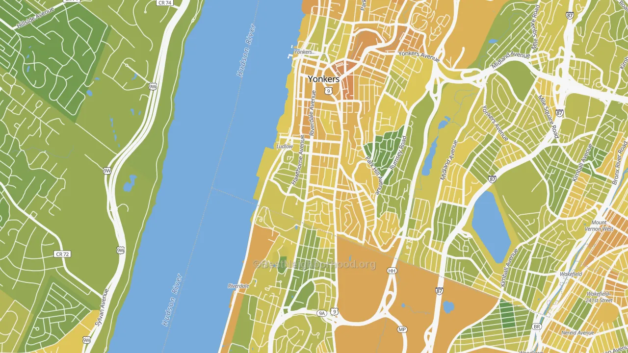 Map of the best neighborhoods in the Ludlow, Yonkers area, with better matches in green and worse matches in red