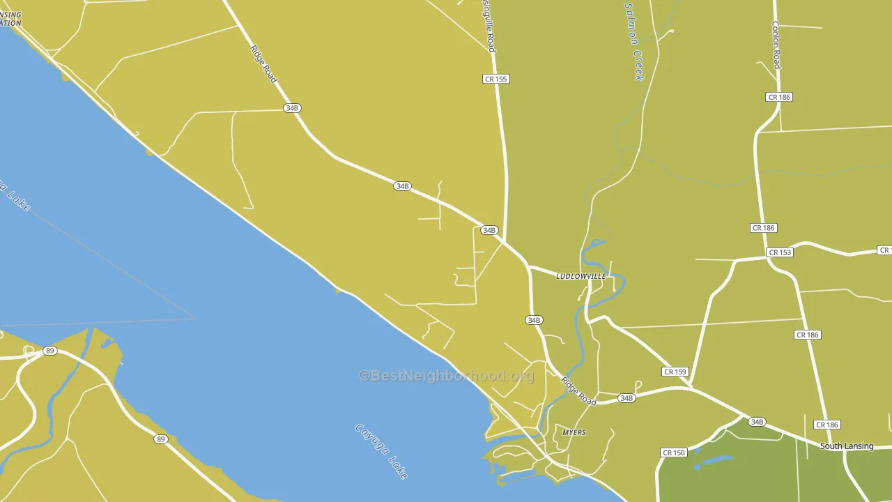 Map of the best neighborhoods in the Ludlowville area, with better matches in green and worse matches in red