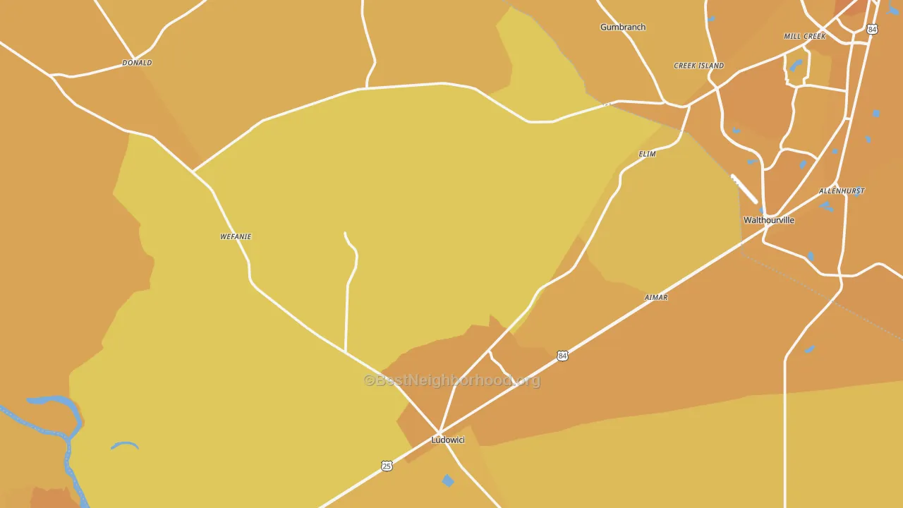 Map of the best neighborhoods in the Ludowici area, with better matches in green and worse matches in red