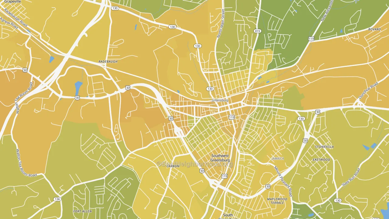 Map of the best neighborhoods in the Ludwick, Greensburg area, with better matches in green and worse matches in red