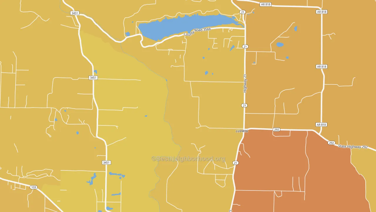 Map of the best neighborhoods in the Ludwig area, with better matches in green and worse matches in red