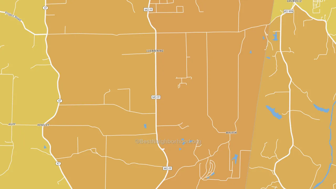 Map of the best neighborhoods in the Luebbering area, with better matches in green and worse matches in red