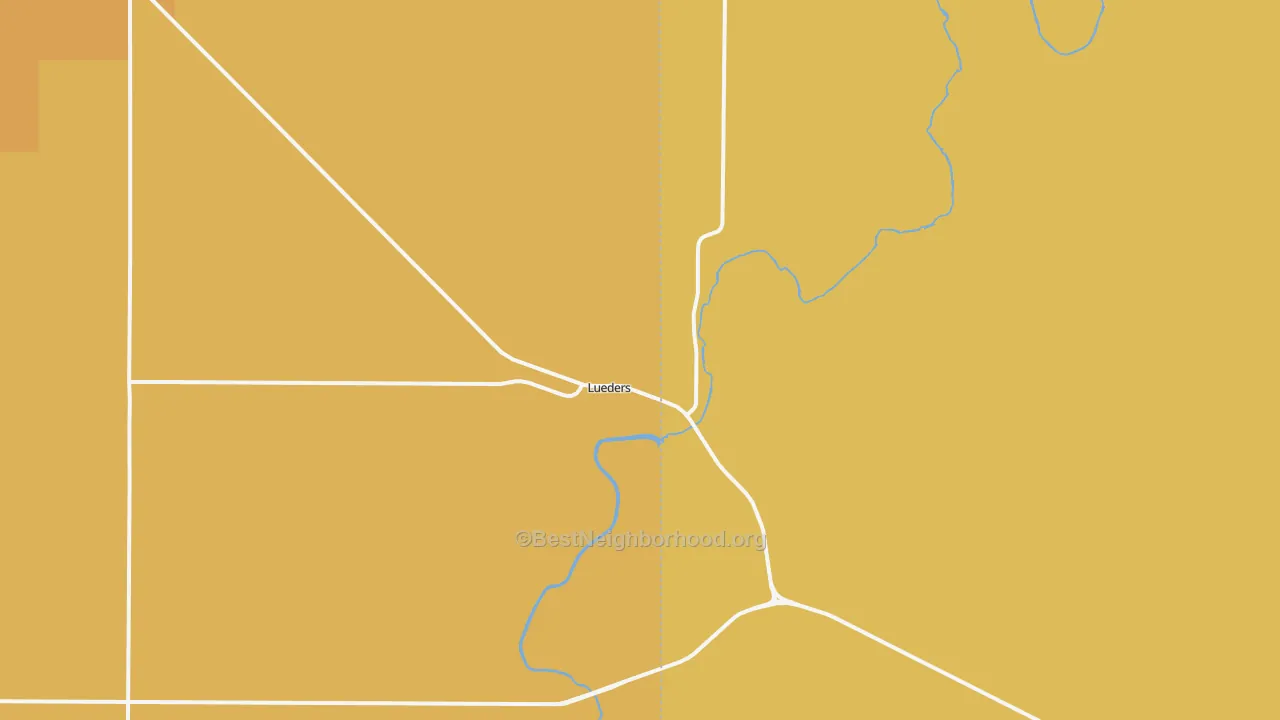 Map of the best neighborhoods in the Lueders area, with better matches in green and worse matches in red