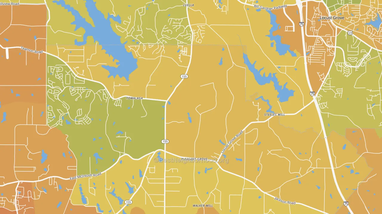 Map of the best neighborhoods in the Luella area, with better matches in green and worse matches in red