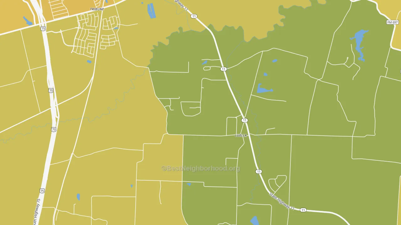 Map of the best neighborhoods in the Luella area, with better matches in green and worse matches in red