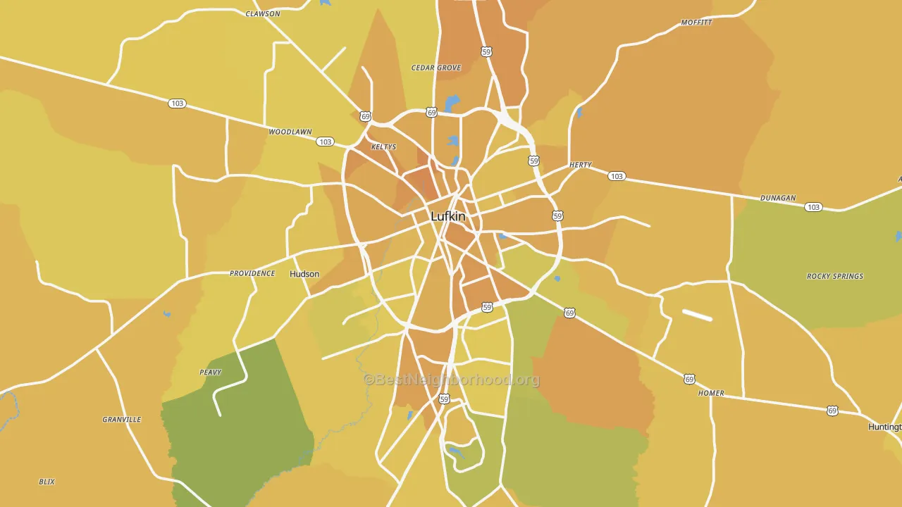 Map of the best neighborhoods in the Lufkin area, with better matches in green and worse matches in red