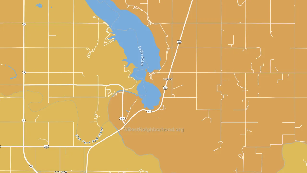 Map of the best neighborhoods in the Lugert area, with better matches in green and worse matches in red