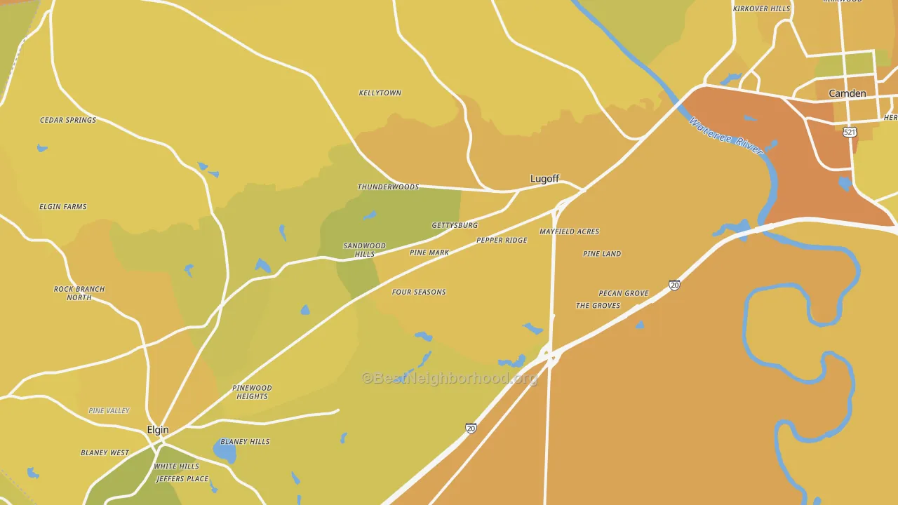 Map of the best neighborhoods in the Lugoff area, with better matches in green and worse matches in red