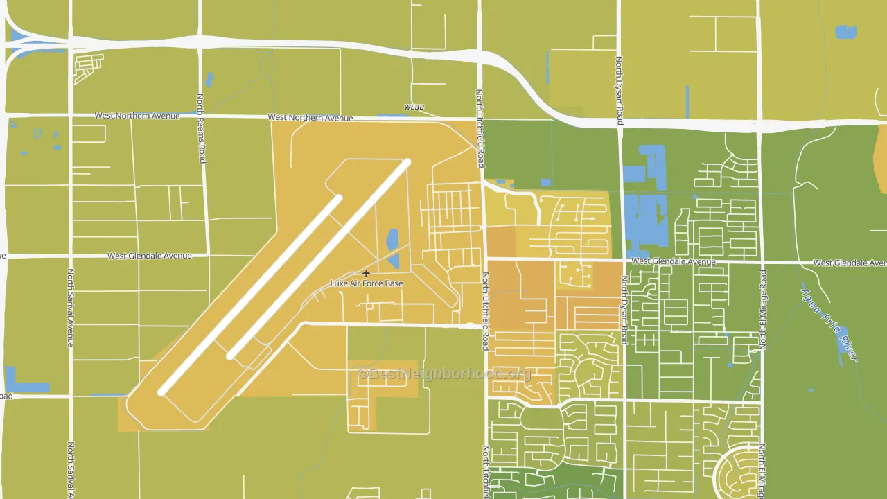 Map of the best neighborhoods in the Luke Afb area, with better matches in green and worse matches in red