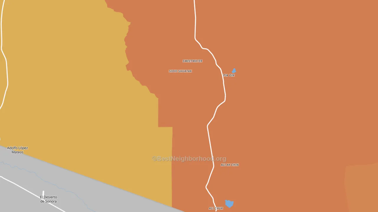 Map of the best neighborhoods in the Lukeville area, with better matches in green and worse matches in red