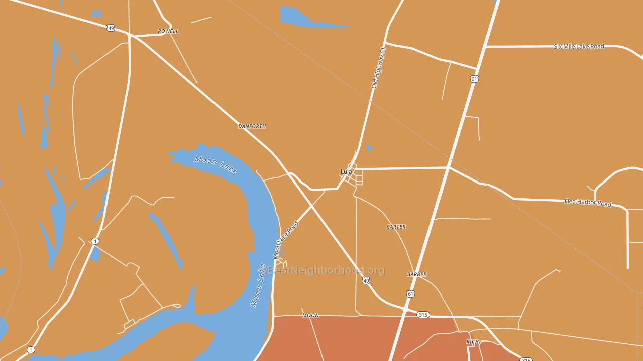 Map of the best neighborhoods in the Lula area, with better matches in green and worse matches in red