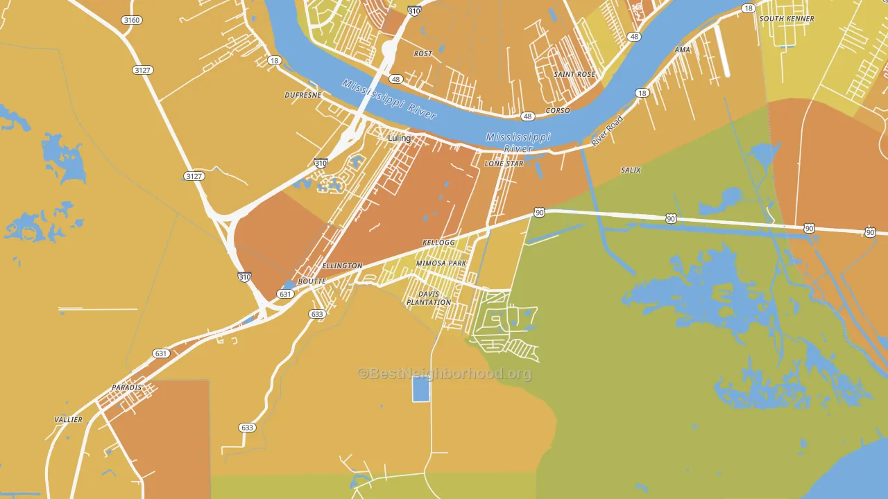 Map of the best neighborhoods in the Luling area, with better matches in green and worse matches in red