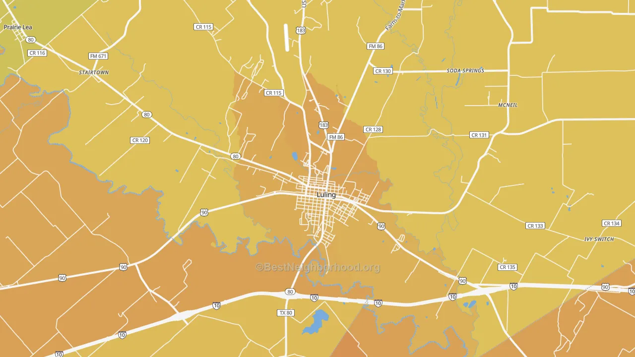 Map of the best neighborhoods in the Luling area, with better matches in green and worse matches in red