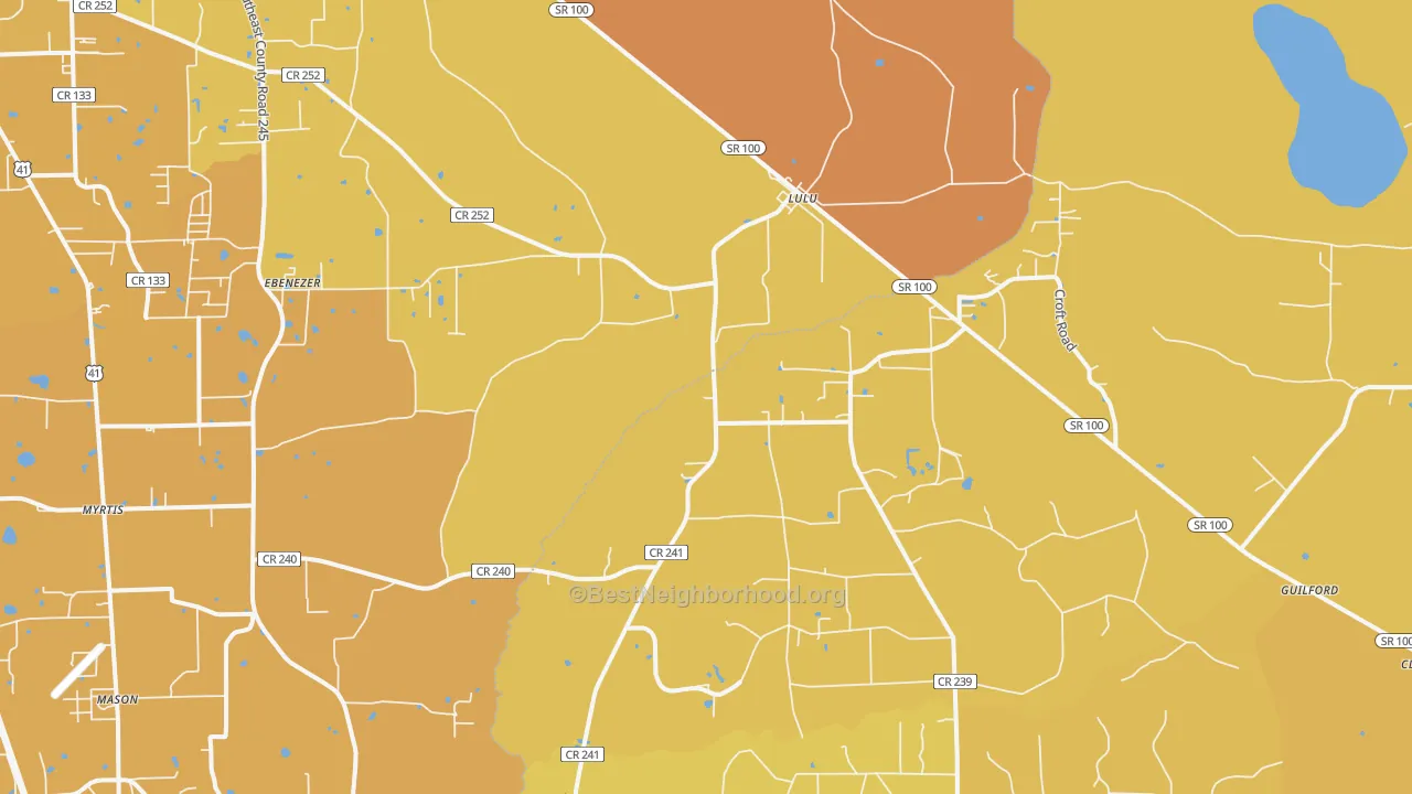 Map of the best neighborhoods in the Lulu area, with better matches in green and worse matches in red