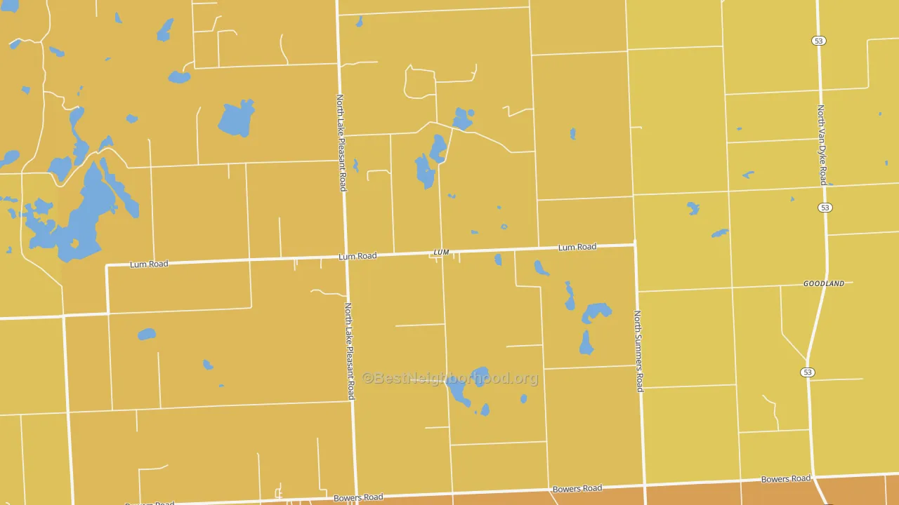 Map of the best neighborhoods in the Lum area, with better matches in green and worse matches in red