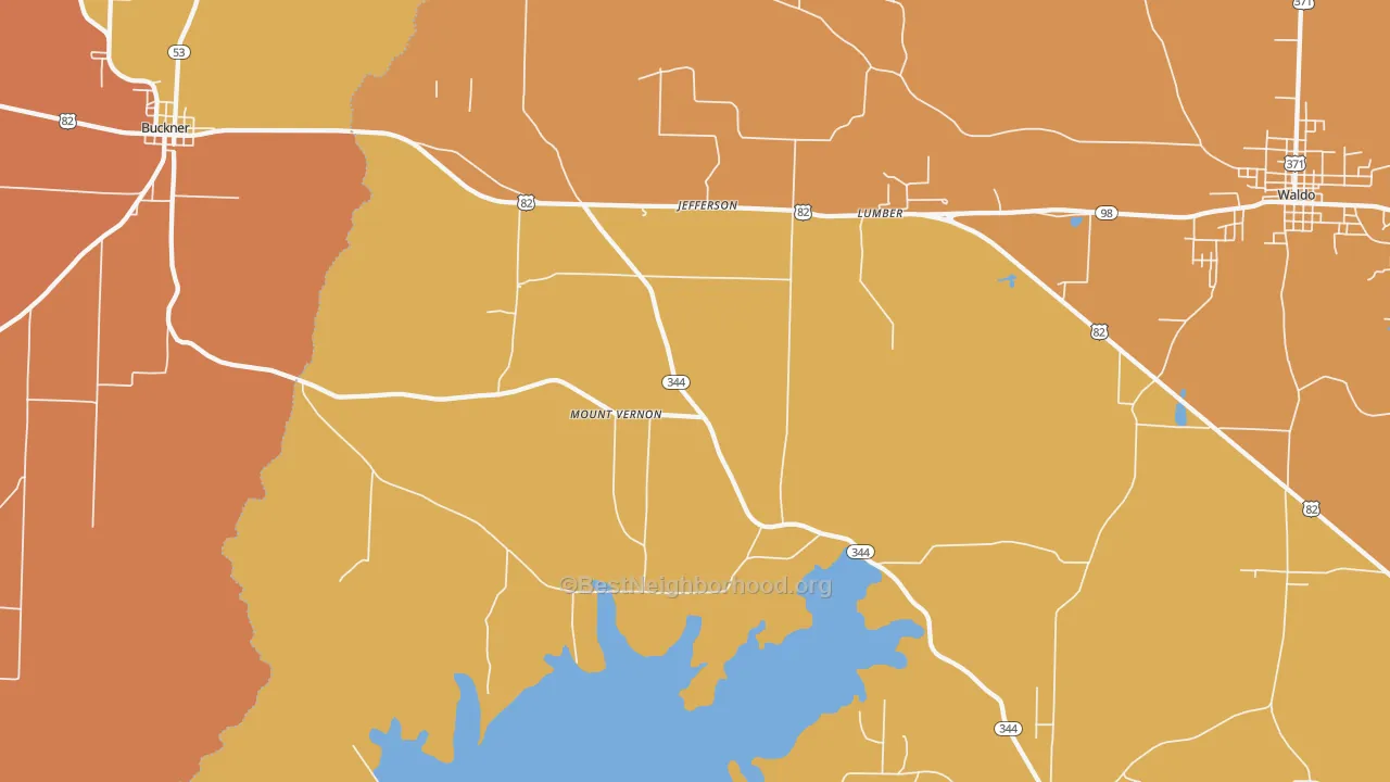 Map of the best neighborhoods in the Lumber area, with better matches in green and worse matches in red