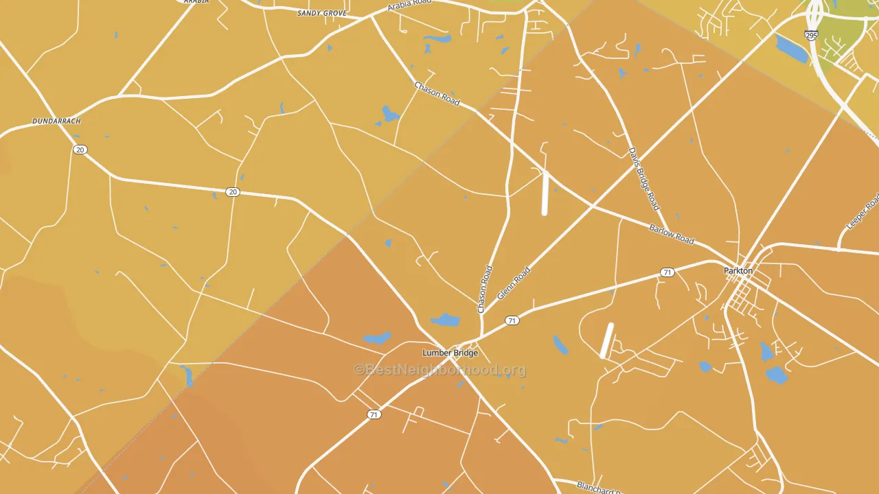Map of the best neighborhoods in the Lumber Bridge area, with better matches in green and worse matches in red