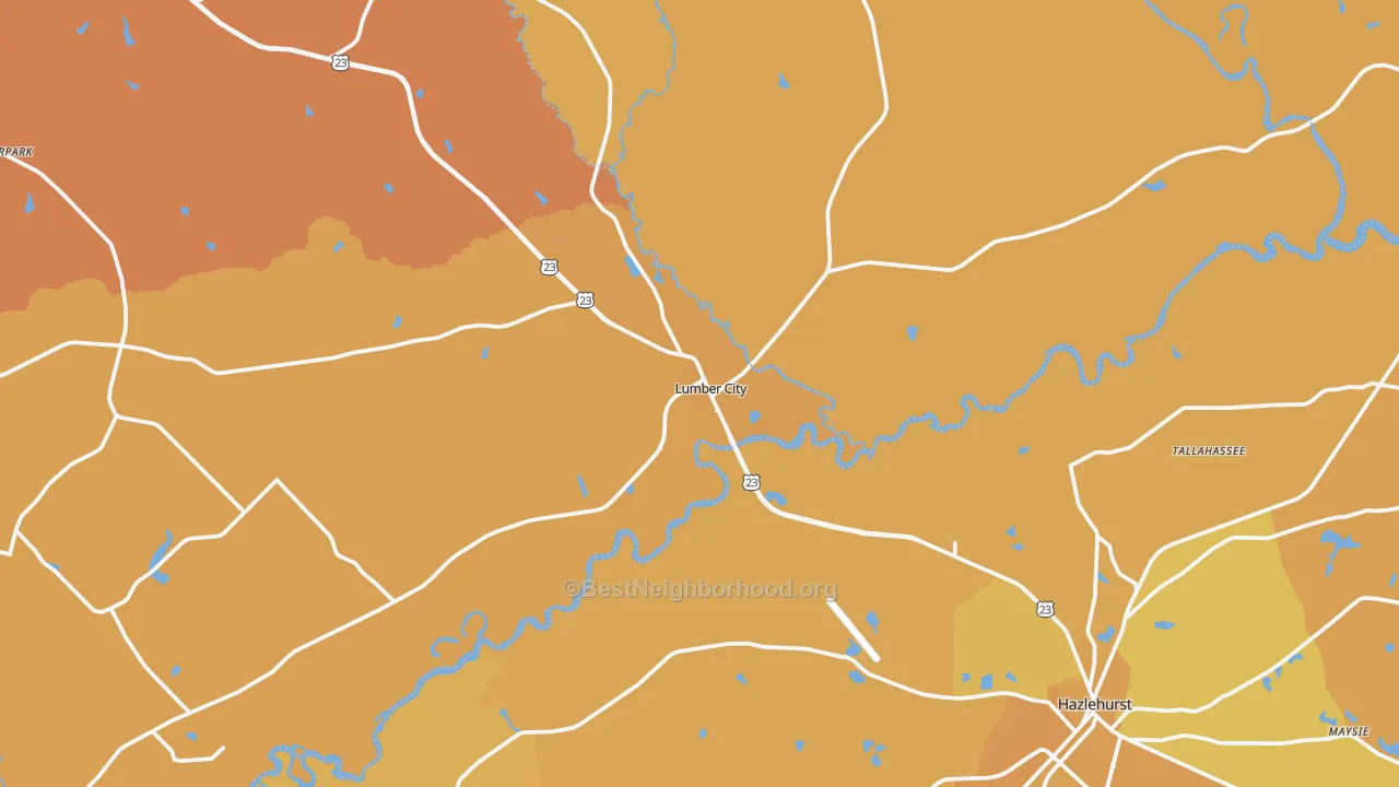 Map of the best neighborhoods in the Lumber City area, with better matches in green and worse matches in red