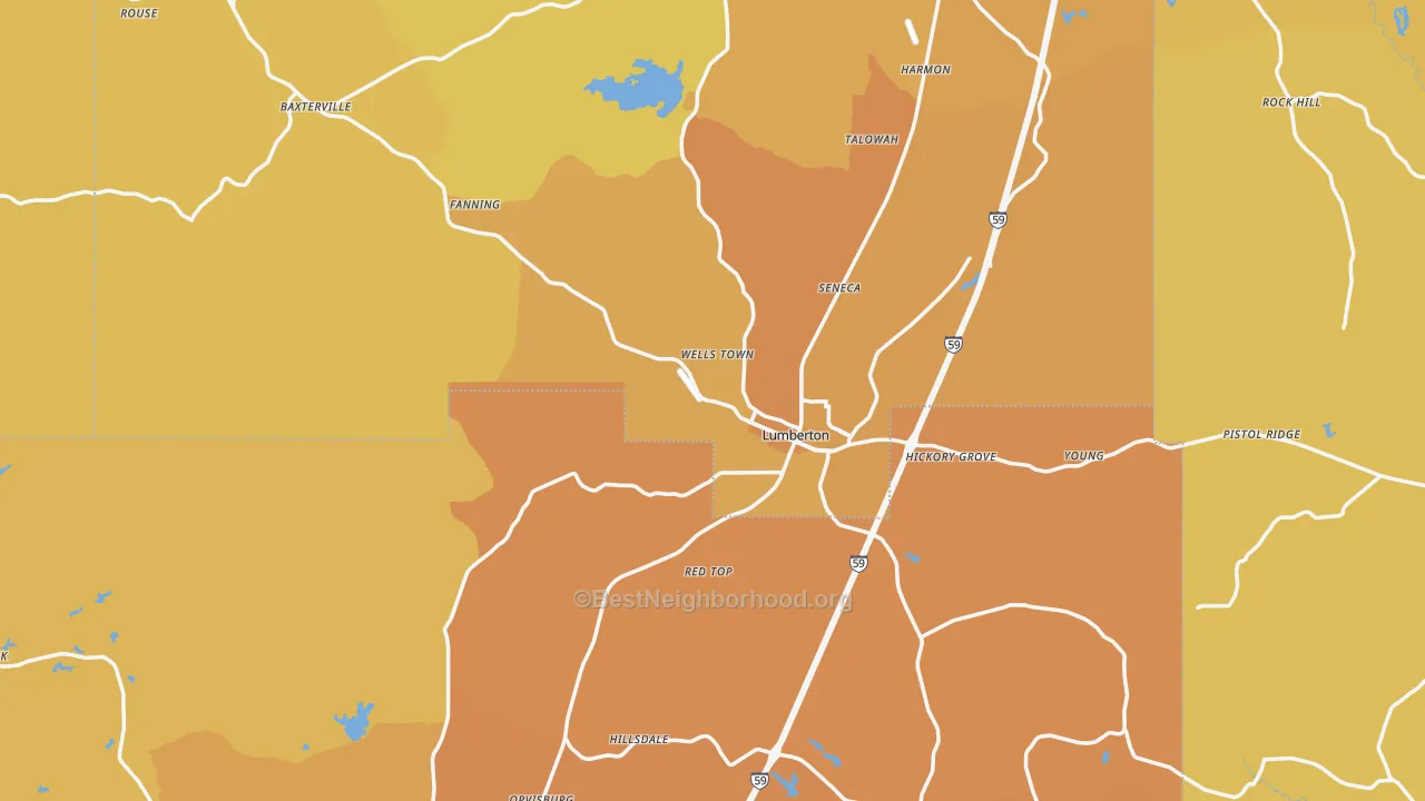 Map of the best neighborhoods in the Lumberton area, with better matches in green and worse matches in red