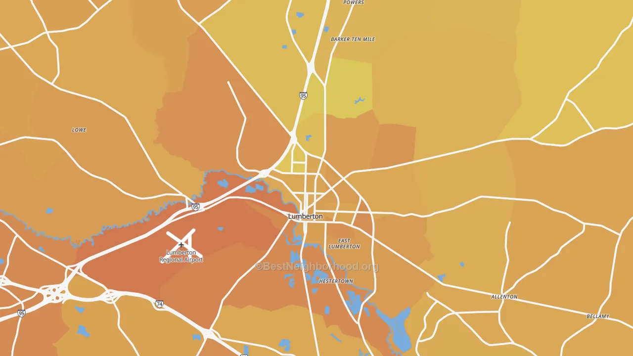 Map of the best neighborhoods in the Lumberton area, with better matches in green and worse matches in red