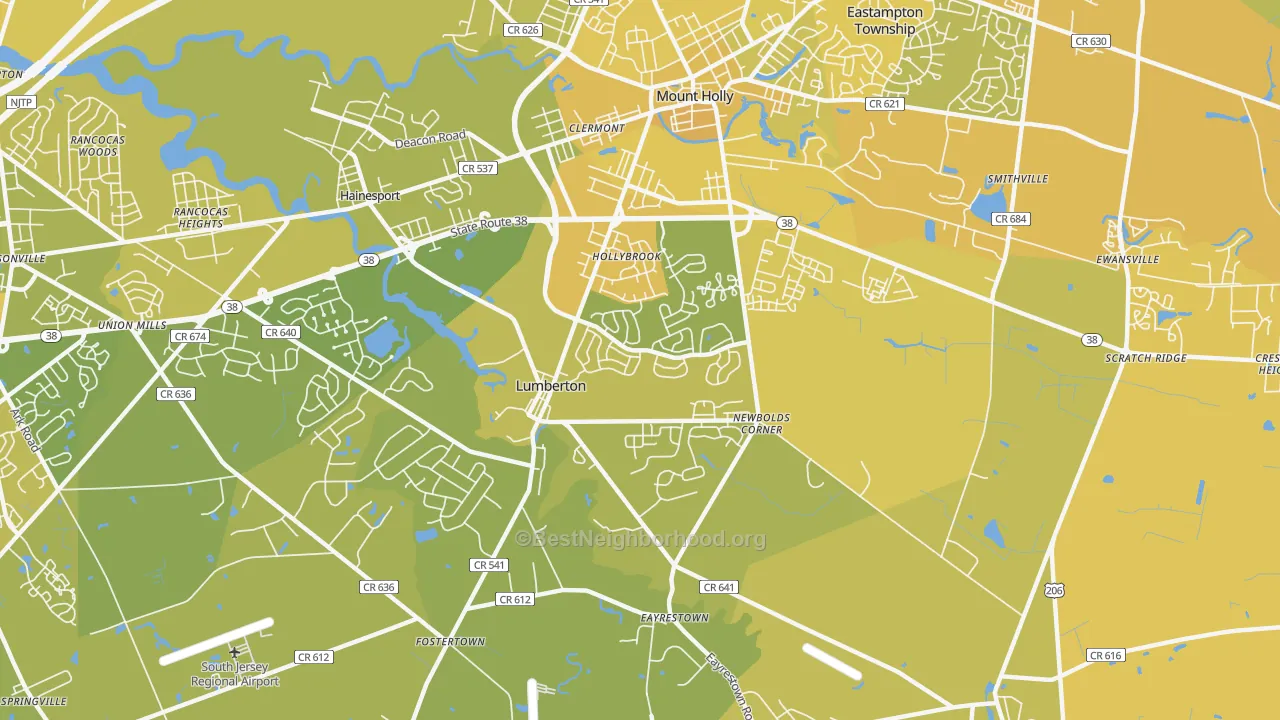 Map of the best neighborhoods in the Lumberton area, with better matches in green and worse matches in red