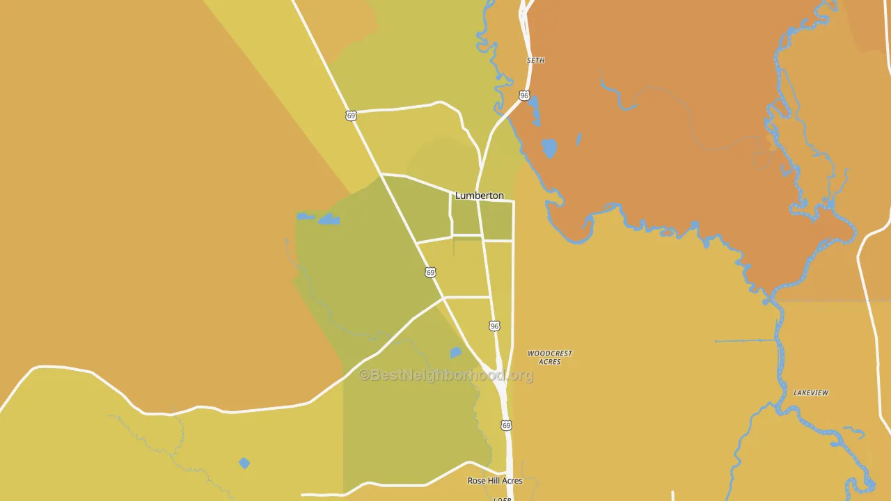 Map of the best neighborhoods in the Lumberton area, with better matches in green and worse matches in red